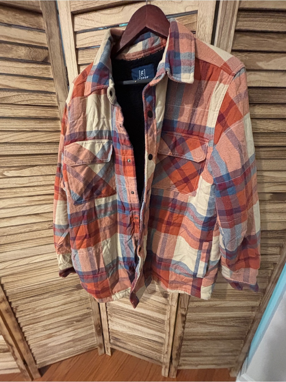 George Men's Orange and Blue Plaid Button-Up Shirt Jacket